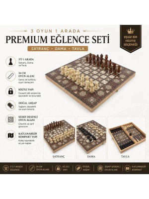 Elifeshop Lüks Ahşap Sedef Görünümlü Katlanabilir 3’ü 1 Arada Satranç Dama Tavla Seti Kilitli 34CM Oyun Takımı