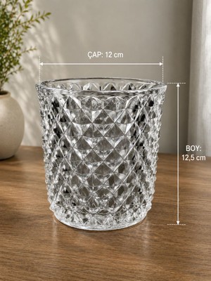 Vinnos Home & Concept El Yapımı Dekoratif Cam Vazo - Kristal Desenli Modern Tasarım | 12,5X12 cm Şeffaf Şık Vazo