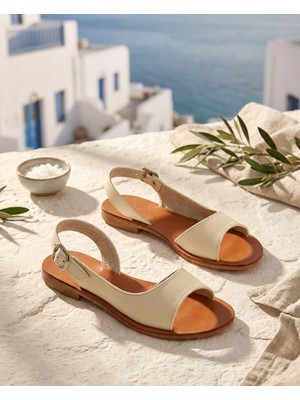 Türkbükü Sandalet Ekru Minimalist Hakiki Deri Kadın Sandalet