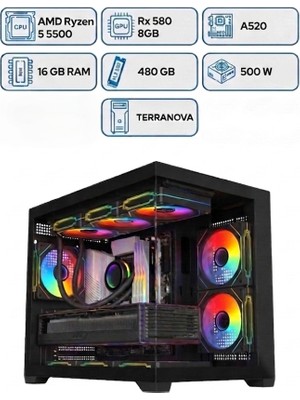 Esma X1 Ryzen 5 5500 16GB Ram 480GB M.2 RX580 8gb 256BIT Rgb 6 Fanlı Akvaryum Siyah Gaming Kasa