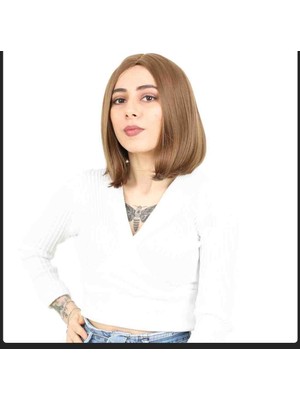 Handmade Fiber Sentetik Peruk Percemsiz Kısa Düz Kumral