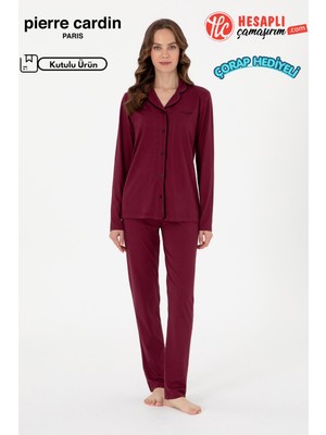 Pierre Cardin Paris Premium Seri Kadın Pamuklu Modal Rahat Kalıp Önden Düğmeli Kutulu Pijama Takım