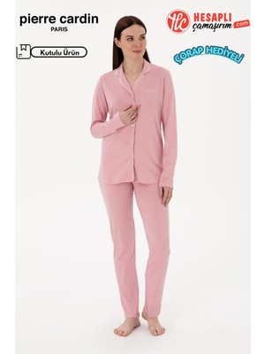 Pierre Cardin Paris Premium Seri Kadın Pamuklu Modal Rahat Kalıp Önden Düğmeli Kutulu Pijama Takım