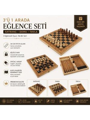 Elifeshop Lüks Ahşap Klasik Katlanabilir 3’ü 1 Arada Satranç Dama Tavla Seti Kilitli 34 x 34 cm Oyun Takımı