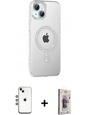 Marsilyan™- iPhone 14 Kılıf Yörünge Koleksiyonu - Siyah Bilvis 3D Cam Ekran Koruyucu + Gökkuşağı Shine Kamera Lens
