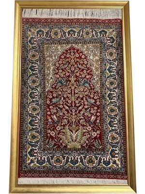 Burak Halı El Dokuma Saf Ipek Halı Koleksiyonluk Tablo 75X110 Hayat Ağacı Modeli %100 Has Ipek Kırmızı
