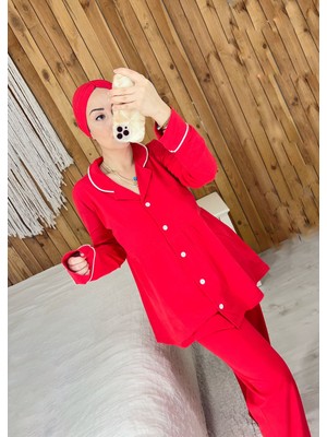 By Gamze Arman Tesettür Boneli Kırmızı Renk Geniş Kalıp Hamile Lohusa Pijama Takımı