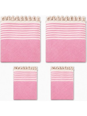 Mandaş Pamuklu Kaymaz Hasır Dokuma Kolları Örten Maxi Takım Koltuk Örtüsü (3+3+1+1) - Pembe