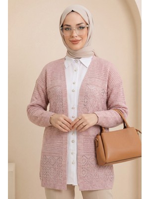 Moda Morfo Ajurlu Mevsimlik Triko Hırka   -Pudra