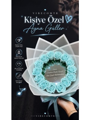Vibecomtr Kişiye Özel Aynalı Gül Buketi – Yapay Mavi Gül Buketi | Sevgiliye Romantik Hediye
