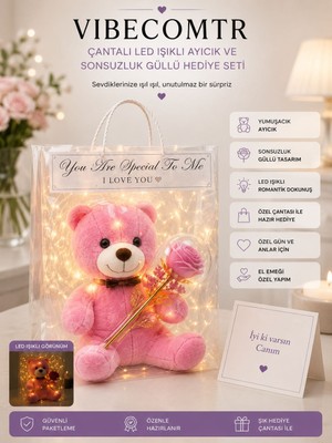 Vibecomtr Çantalı  Sevgiliye Özel LED Işıklı Ayıcıklı Sonsuzluk Güllü Hediye Seti – Romantik Özel Tasarım Hediye
