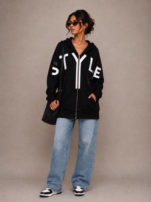 Şakayık Kadın Kapüşonlu Sweatshirt Siyah Taşlı