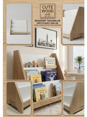 Cute Wood Montessori Ahşap Çocuk  Yer Kitaplığı - Çocuk Odası Bebek Kitap Rafı - 3 Raflı Yer Kitaplığı