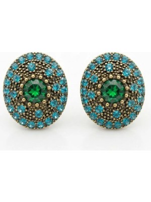 Zeino Yeşil Zirkon Taşlı Vintage Küpe - 925 Ayar Gümüş Çivili - Altın Rengi Kaplama - 18 mm