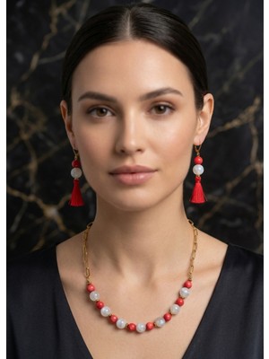 Woona Ay Taşı & Kırmızı Mercan Taşlı Çelik Zincir Kolye ve Küpe Premium Set