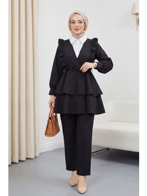 Moda Morfo Önü Fırfırlı Bağcıklı Eteği Katlı Pantolonlu Kimono Takım -Siyah