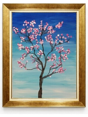 Tablore Gold Çerçeveli Bahar Dalı Tablosu - Mavi Gökyüzü Sakura Kiraz Çiçeği Kanvas Duvar Dekoru
