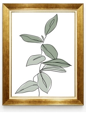Tablore Gold Çerçeveli Minimalist Yaprak Çizgisel Çizim Botanik Kanvas Tablo