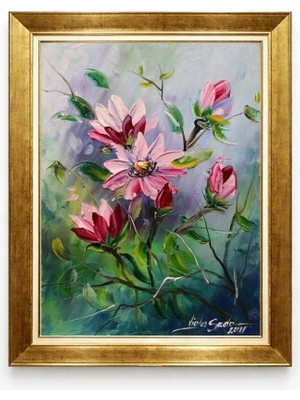 Tablore Altın Çerçeveli Pembe Manolya Çiçekleri Yağlı Boya Dokulu Kanvas Tablo Salon Duvar Dekoru