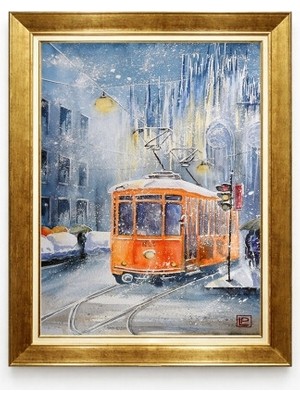 Tablore Karlı Istanbul Nostaljik Tramvay Suluboya Tablo - Gold Çerçeveli Retro Duvar Dekorasyonu