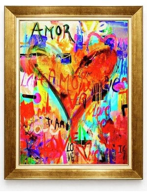 Tablore Amor Love Graffiti Kalp Desenli Altın Çerçeveli Modern Pop Art Tablo