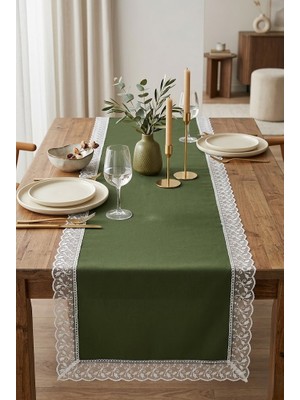 Rona Home Lüks Keten Görünümlü Güpürlü Runner Masa Örtüsü Şık Haki Yeşili
