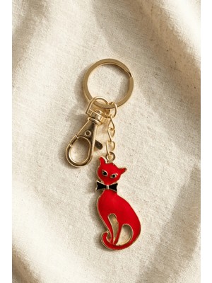 BB Bi Butik Shop Kırmızı Papyonlu Kedi Figürlü Şık Mine Işçiliği Anahtarlık