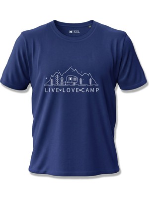 North Whiskers Live Love Camp Karavan Baskılı Unisex %100 Pamuklu Lacivert Outdoor Tişört
