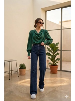 ArVib Kadın Koyu Mavi Yüksek Bel Geniş Paça Wide Leg Likralı Jean Kot Pantolon
