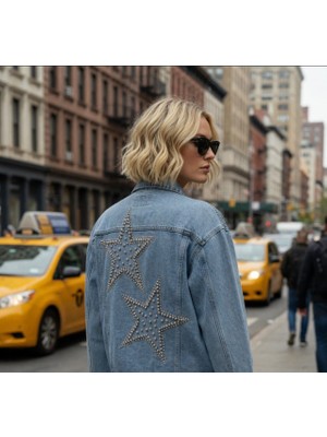 İbeeka Shining Star Denim Kot Ceket Sırt ve Omuz Taş Boncuk Işlemeli - Kot Mavi - 36 - ST01214-KOT Mavi-36