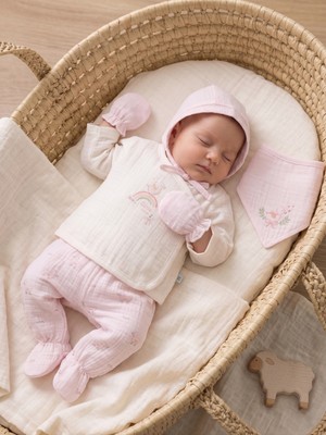 Caramell %100 Pamuk Kız Bebek Müslin 5'li Hastane Çıkışı Yenidoğan Seti (0-3 Ay)