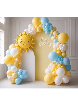 Meri Parti Güneş Pastel Doğum Günü Balon Seti – Sarı, Açık Mavi & Beyaz Konsept Güneş Balon