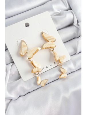 Pirinç Sedef Sallantılı Mermer Desenli Kelebek Model Gold Renk Vintage Kadın Küpe