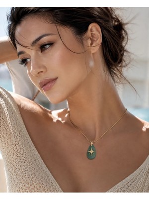Solare Accessories Yeşil Aventurin Taşlı Altın Kaplama Çelik Kolye