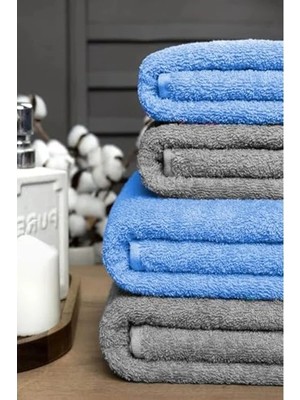 Die Grup 90X150 cm Ölçüsünde Soft Pamuklu 4'lü Banyo Havlusu Takımı, Gri ve Mavi