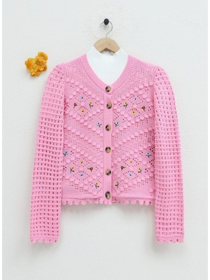 Moda Morfo Çiçek Nakışlı Ponponlu Ajurlu Triko Hırka -Pembe