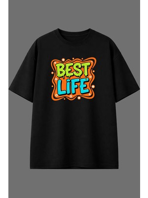 Vsrn Best Life Tasarım Ön Baskılı Siyah Oversize T Shirt