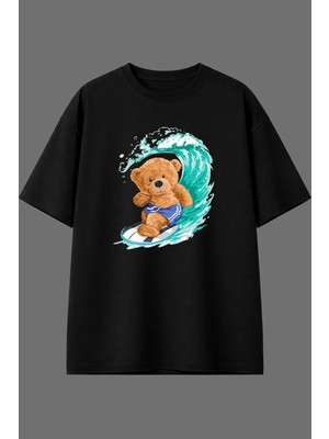 Vsrn Surfçü Ayıcık Tasarım Ön Baskılı Siyah Oversize T Shirt
