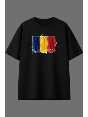 Vsrn Bayrak Romanıa 23 Tasarım Ön Baskılı Siyah Oversize T Shirt