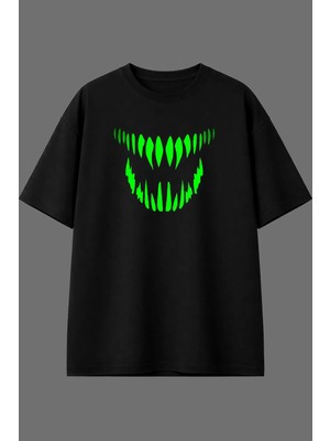 Vsrn Yeşil Sivri Dişler Tasarım Ön Baskılı Siyah Oversize T Shirt