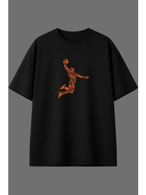 Vsrn Basketbol Figürleri Tasarım Ön Baskılı Siyah Oversize T Shirt