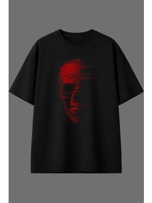 Vsrn Kırmızı Iskelet Surat Tasarım Ön Baskılı Siyah Oversize T Shirt