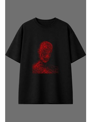 Vsrn Kırmızı Çizgili Adam Tasarım Ön Baskılı Siyah Oversize T Shirt