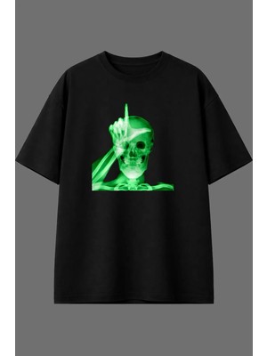 Vsrn Yeşil Garip Iskelet Tasarım Ön Baskılı Siyah Oversize T Shirt