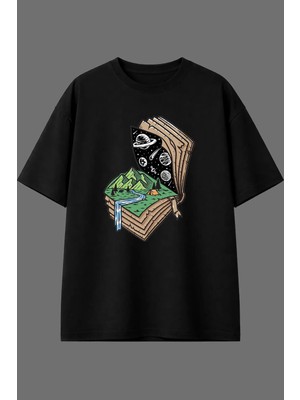 Vsrn Kitap Doğa Tasarım Ön Baskılı Siyah Oversize T Shirt