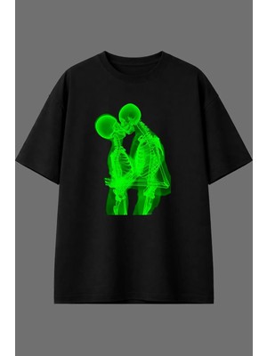 Vsrn Yeşil Sevgililer Tasarım Ön Baskılı Siyah Oversize T Shirt