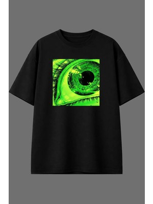 Vsrn Yeşil Surat Tasarım Ön Baskılı Siyah Oversize T Shirt