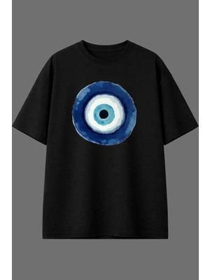Vsrn Nazar Boncuğu Tasarım Ön Baskılı Siyah Oversize T Shirt