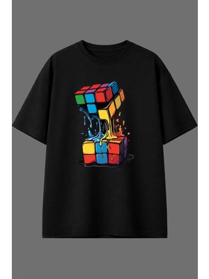 Vsrn Eriyen Rubik Küp Tasarım Ön Baskılı Siyah Oversize T Shirt
