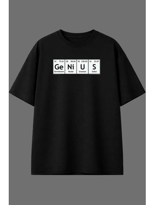 Vsrn Genius Tasarım Ön Baskılı Siyah Oversize T Shirt